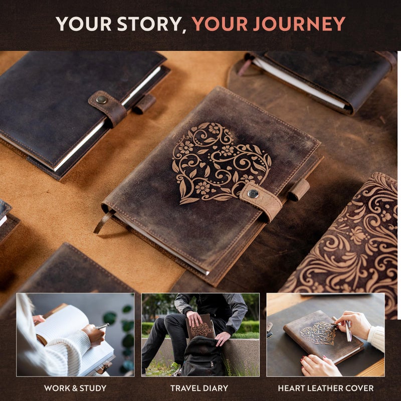 moonster Refillable Leather Journal Embossed Heart Shape Cover Design Journals with Pen â€“ Milled A5 Leather Journal Lined Paper - Journals for Women â€“ Vintage Journal - 320 Pages - Image 5