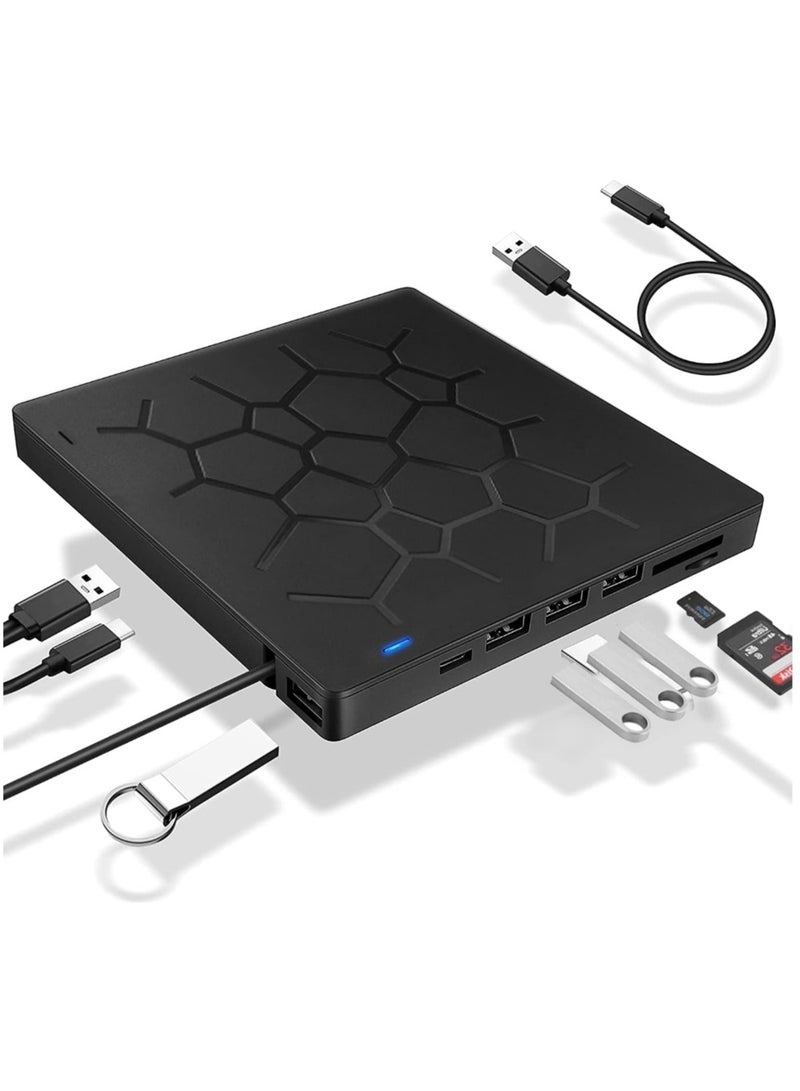 External DVD Drive, USB 3.0 CD DVD Burner For Laptop, Type-C CD/DVD ROM +/-RW Optical Disk Drive With 4 USB Ports And 2 SD Card Slots, Ultra Slim, For Mac, PC Windows 11/10/8/7 Linux OS  - Image 1