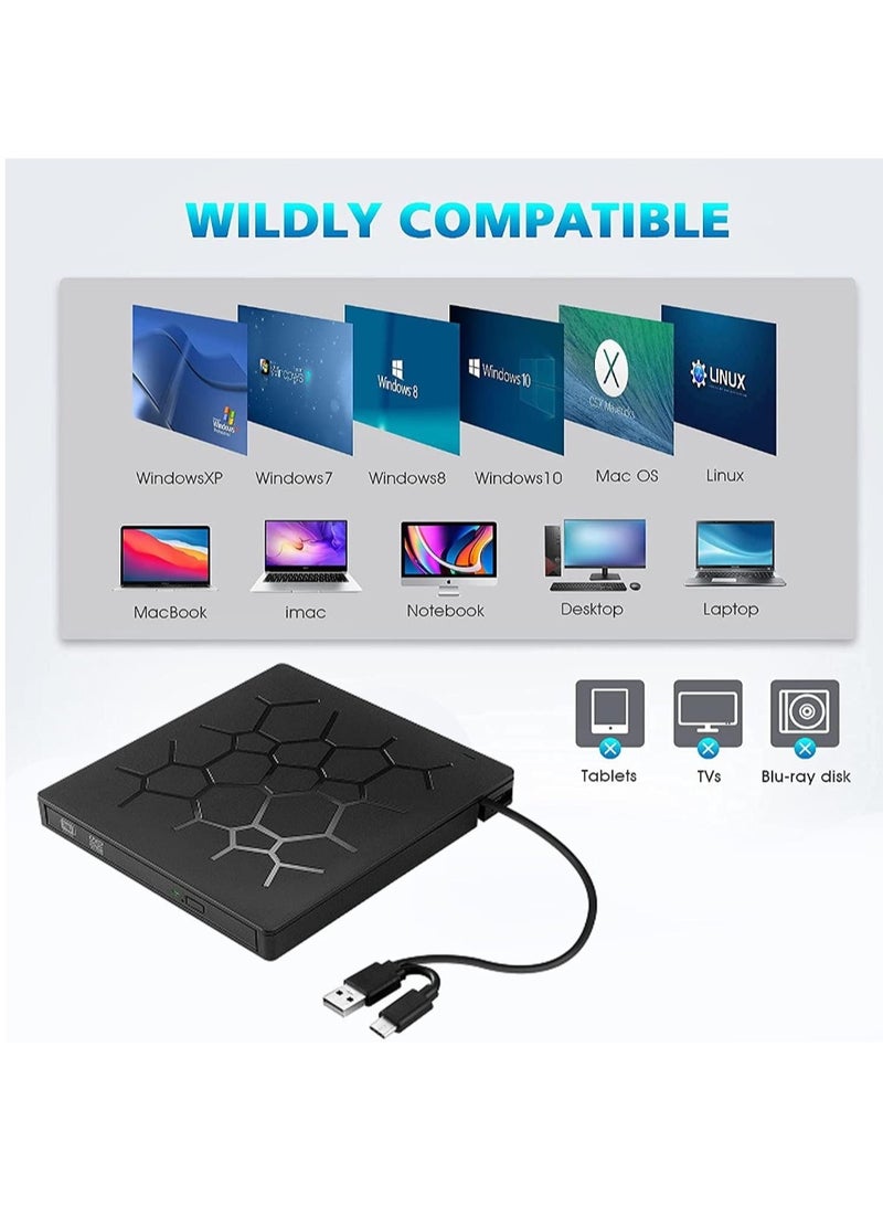 External DVD Drive, USB 3.0 CD DVD Burner For Laptop, Type-C CD/DVD ROM +/-RW Optical Disk Drive With 4 USB Ports And 2 SD Card Slots, Ultra Slim, For Mac, PC Windows 11/10/8/7 Linux OS  - Image 5
