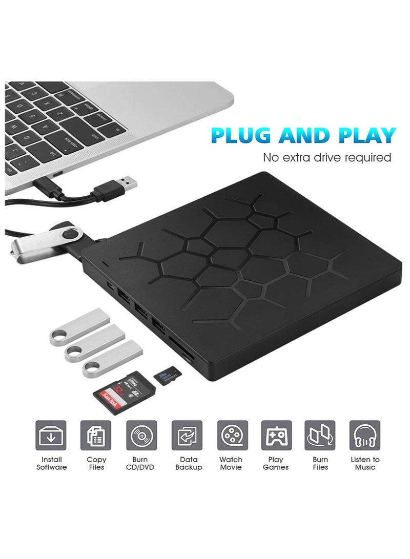 External DVD Drive, USB 3.0 CD DVD Burner For Laptop, Type-C CD/DVD ROM +/-RW Optical Disk Drive With 4 USB Ports And 2 SD Card Slots, Ultra Slim, For Mac, PC Windows 11/10/8/7 Linux OS  - Image 2