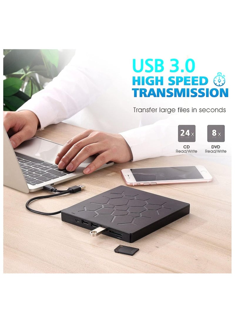 External DVD Drive, USB 3.0 CD DVD Burner For Laptop, Type-C CD/DVD ROM +/-RW Optical Disk Drive With 4 USB Ports And 2 SD Card Slots, Ultra Slim, For Mac, PC Windows 11/10/8/7 Linux OS  - Image 3