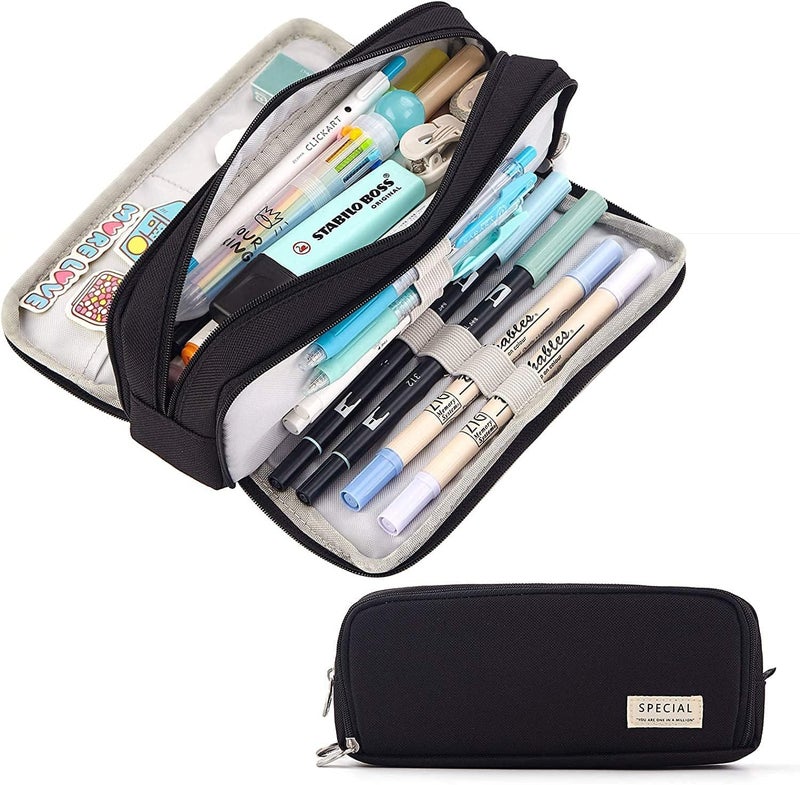 FINEMOE Canvas Large Capacity Pencil Box for Girls & Boys, 3 Compartments Pen & Pencil Pouches, Aesthetic Stationery Pouch for School Kids College Students, Cute Stationary Gift for Children (Blue) - Image 1