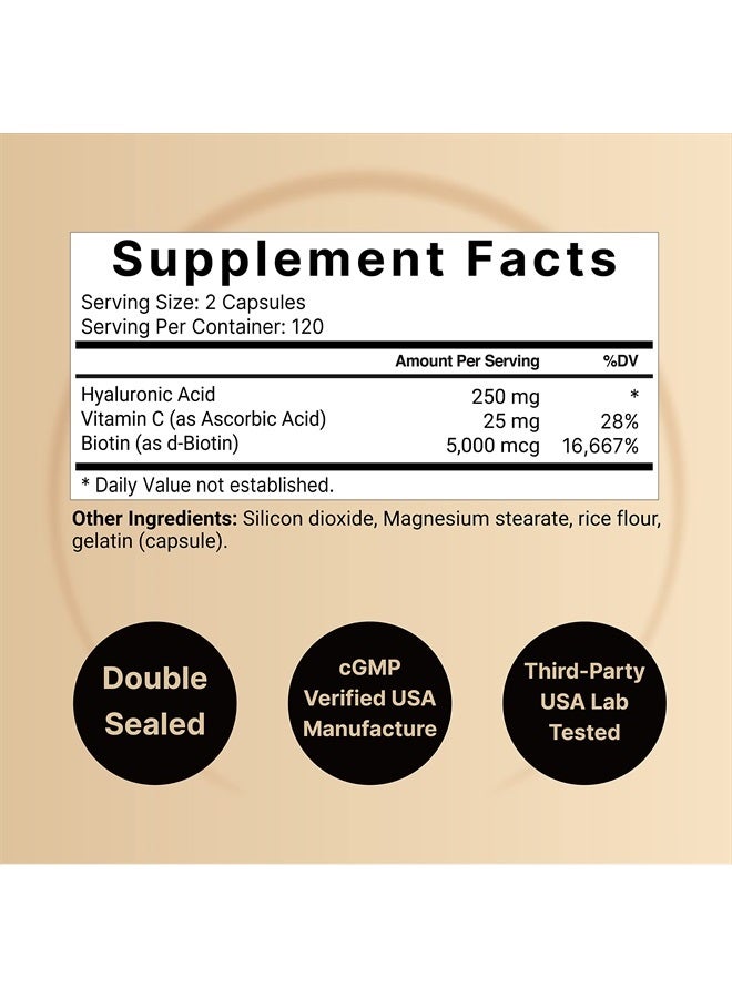NatureBell 2 Pack Plant Based Hyaluronic Acid Supplements 250mg with 25mg Vitamin C & Biotin 5000mcg, 480 Total Capsules | Essential for Hair Growth, Joint Support, & Hydrating Skin | Non-GMO  - Image 2