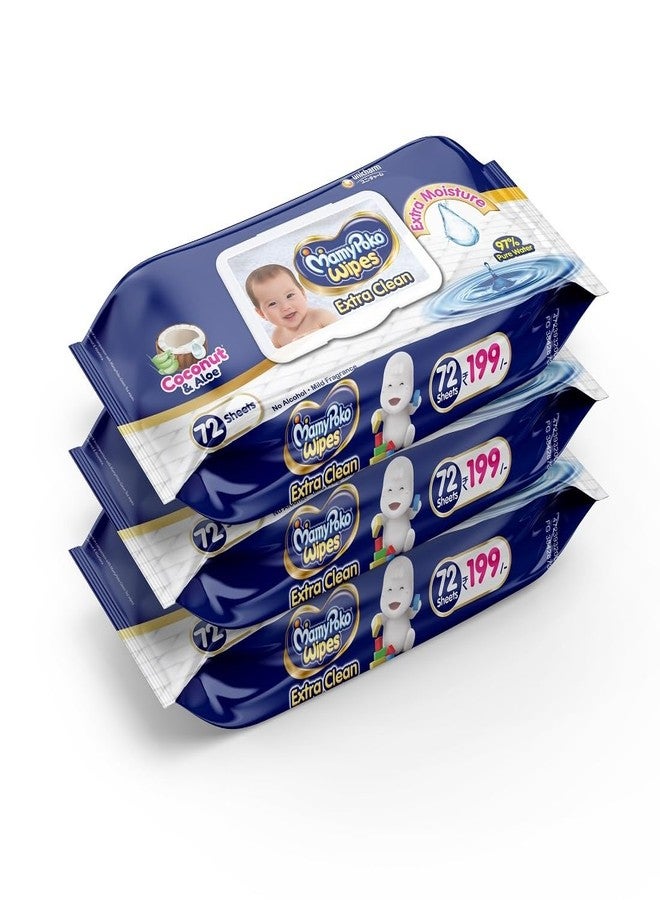 MamyPoko Pants Extra Clean Baby Wipes With Lid, 72 Sheets (Pack Of 3)