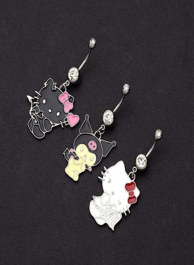 Zynova 14G Cat Dangle Belly Button Rings Stainless Steel Cute Cartoon Cats Belly Ring Barbell Navel Piercing Jewelry for Women (White) - Image 3