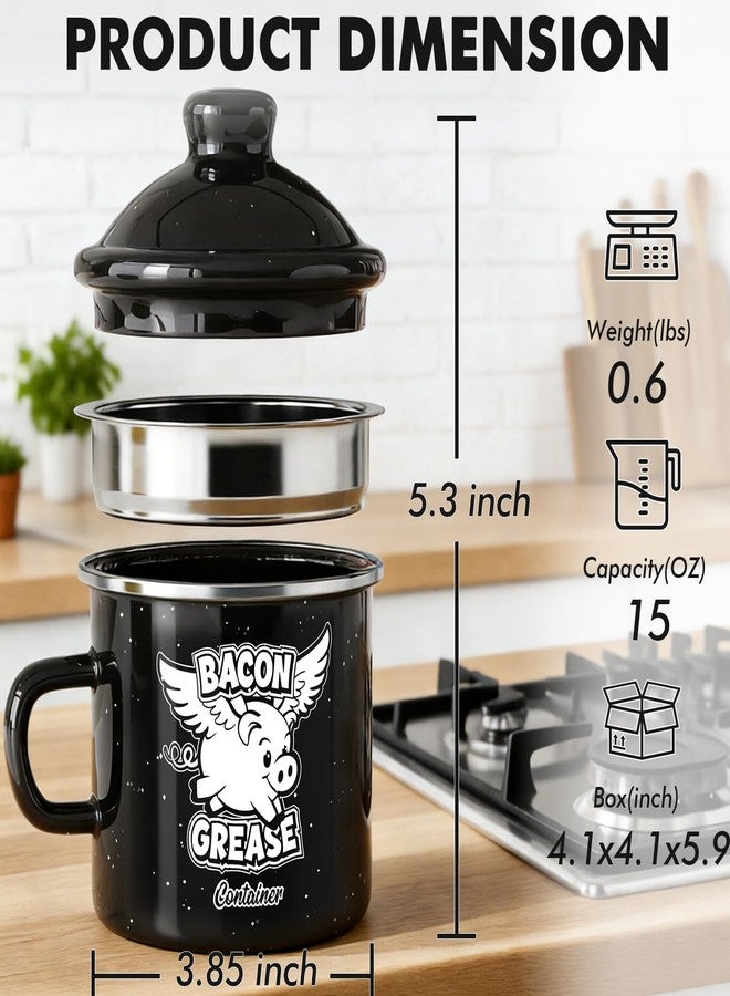 PGYARD Mini Bacon Grease Container With Strainer - 15OZ Farmhouse Enamel Grease Saver (Black, 15OZ) - Image 3