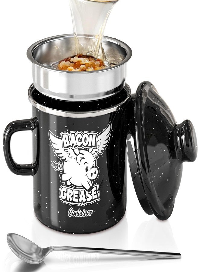 PGYARD Mini Bacon Grease Container With Strainer - 15OZ Farmhouse Enamel Grease Saver (Black, 15OZ) - Image 1