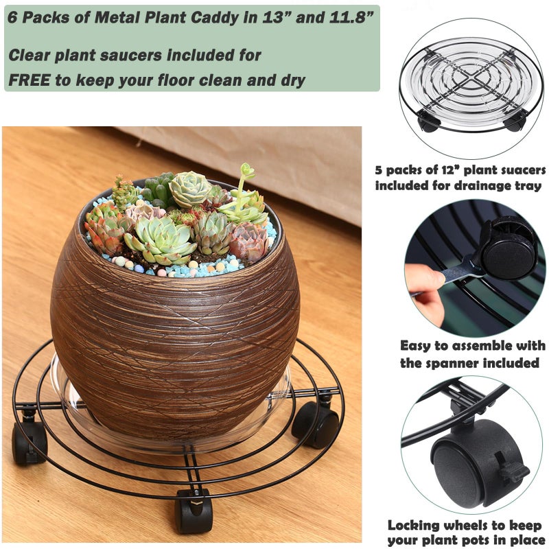 Planterhoma 6 Packs Large Metal Plant Caddy with Wheels 13" and 11.8" Heavy-duty Wrought Iron Rolling Plant Stands with Casters Plant Dolly Plant Roller Base Indoor and Outdoor Plant Pot Movers Planter Rollers - Image 3