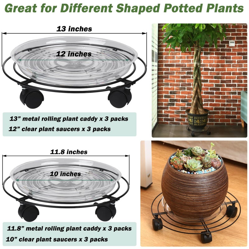 Planterhoma 6 Packs Large Metal Plant Caddy with Wheels 13" and 11.8" Heavy-duty Wrought Iron Rolling Plant Stands with Casters Plant Dolly Plant Roller Base Indoor and Outdoor Plant Pot Movers Planter Rollers - Image 2
