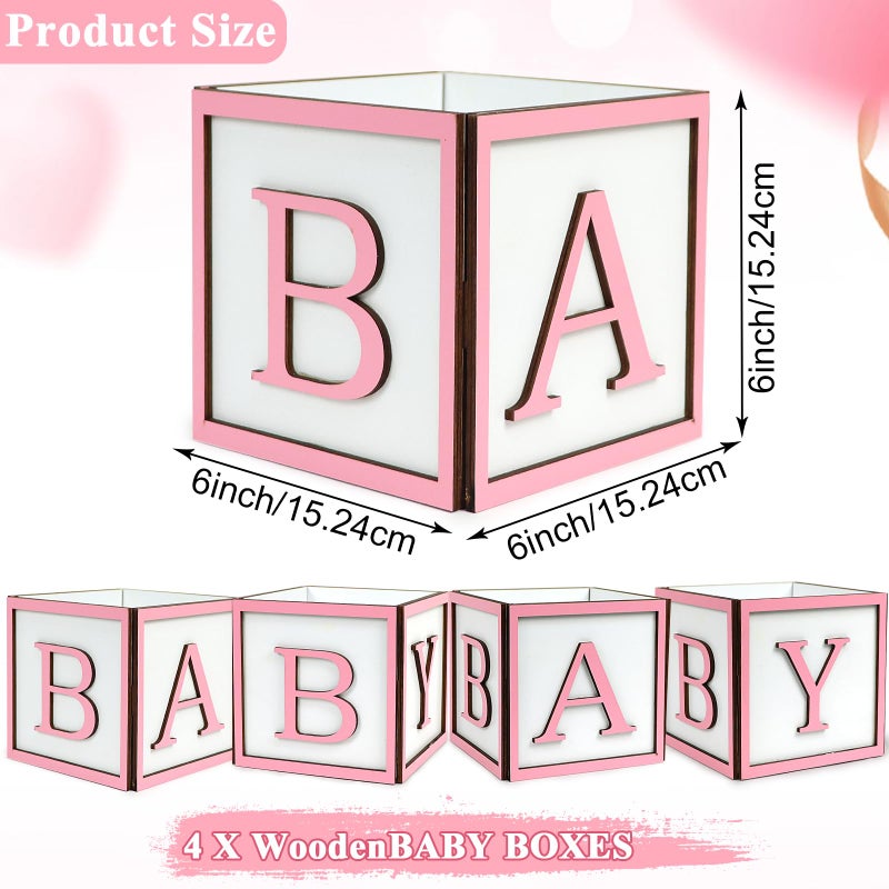 MASTRON Baby Shower Centerpieces for Table - 4 Set of Wood Boxes with Baby Letters 6 x 6 inch Cube Planter Vase Baby Blocks for Boys Baby Shower Gender Reveal Favor - Pink - Image 2