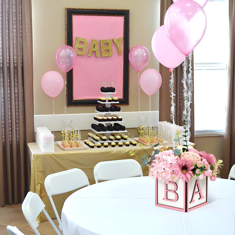 MASTRON Baby Shower Centerpieces for Table - 4 Set of Wood Boxes with Baby Letters 6 x 6 inch Cube Planter Vase Baby Blocks for Boys Baby Shower Gender Reveal Favor - Pink - Image 5