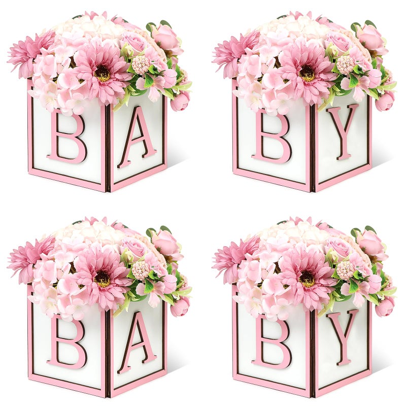 MASTRON Baby Shower Centerpieces for Table - 4 Set of Wood Boxes with Baby Letters 6 x 6 inch Cube Planter Vase Baby Blocks for Boys Baby Shower Gender Reveal Favor - Pink - Image 1