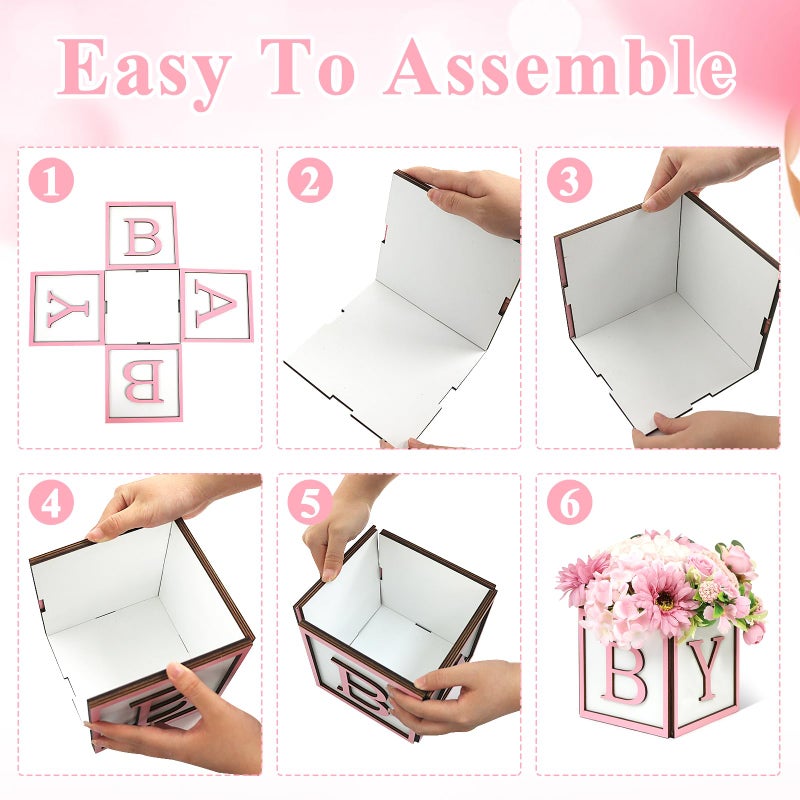 MASTRON Baby Shower Centerpieces for Table - 4 Set of Wood Boxes with Baby Letters 6 x 6 inch Cube Planter Vase Baby Blocks for Boys Baby Shower Gender Reveal Favor - Pink - Image 4
