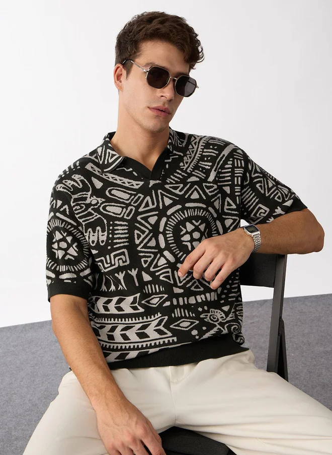 The Souled Store Men Oversized Jacquard Black T-Shirt
