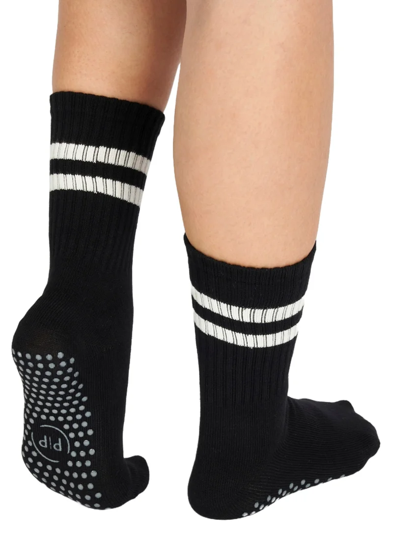 Prickly Pear Black Stripe Crew Non-Slip Barre/Yoga/Pilates Socks, Womens, One Size Fits Most