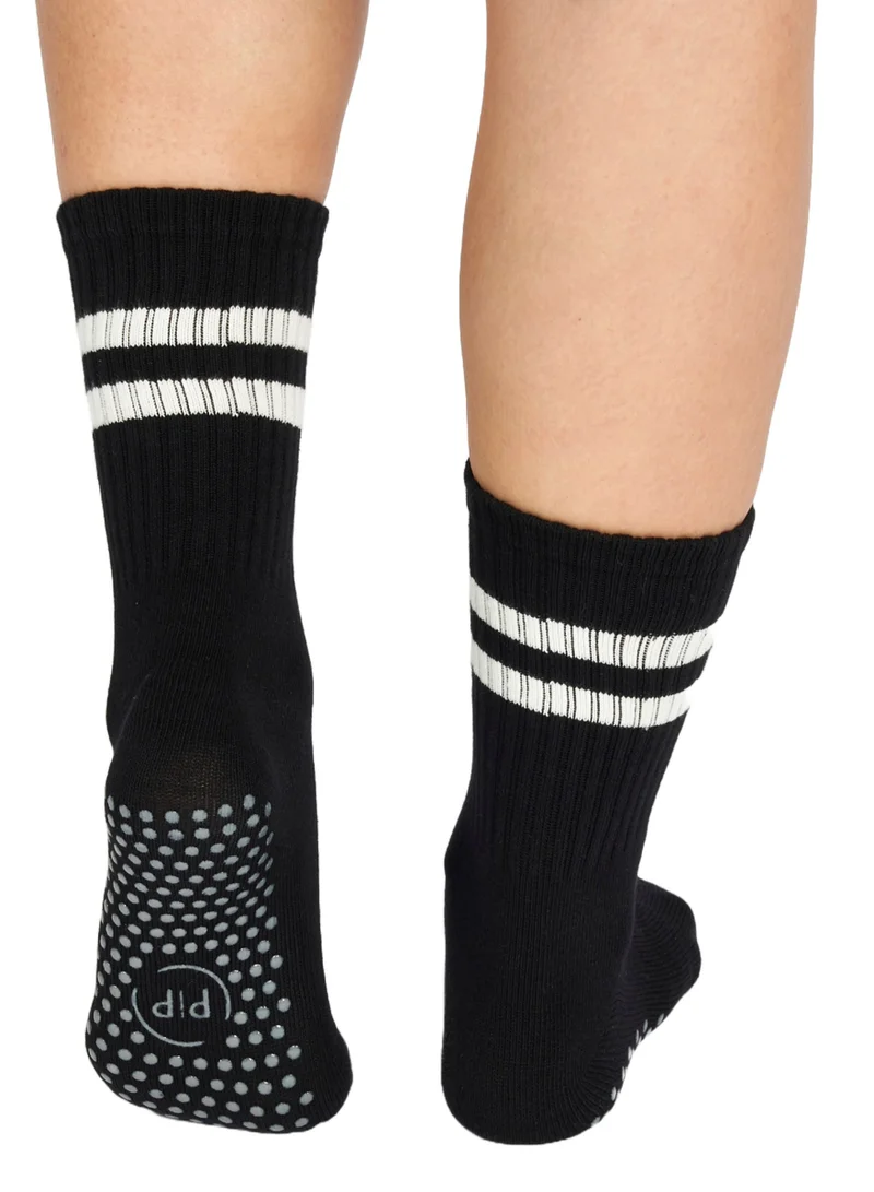 Prickly Pear Black Stripe Crew Non-Slip Barre/Yoga/Pilates Socks, Womens, One Size Fits Most