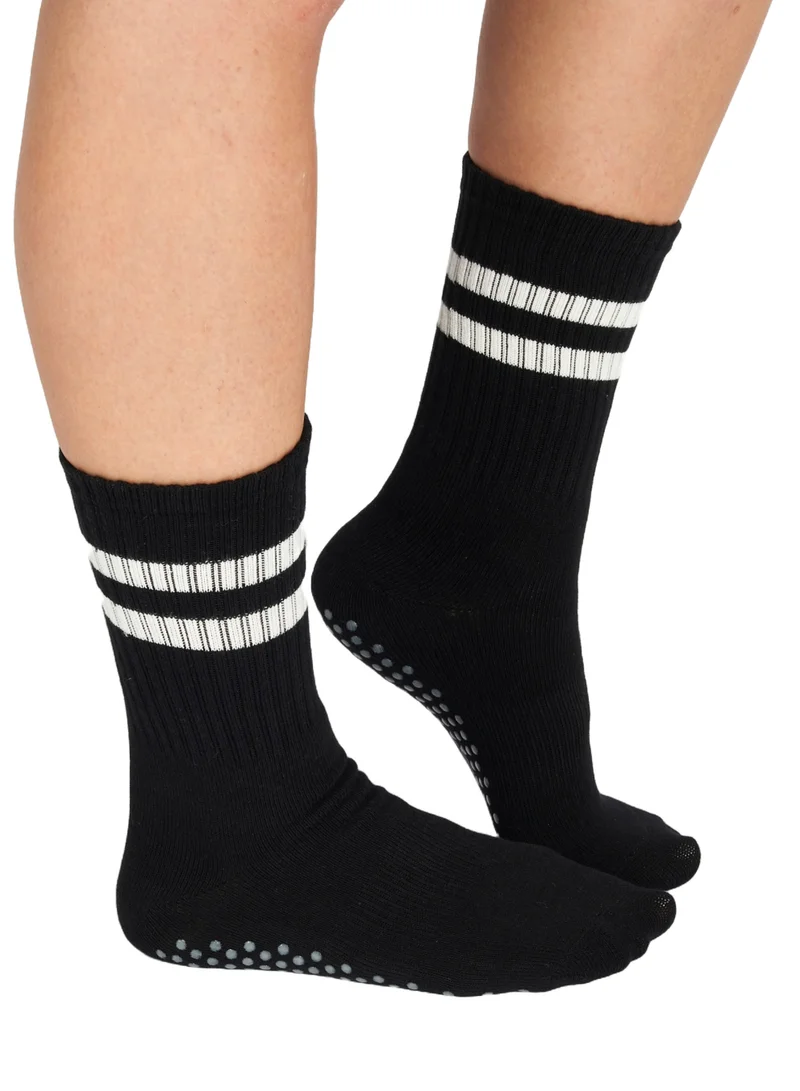 Prickly Pear Black Stripe Crew Non-Slip Barre/Yoga/Pilates Socks, Womens, One Size Fits Most