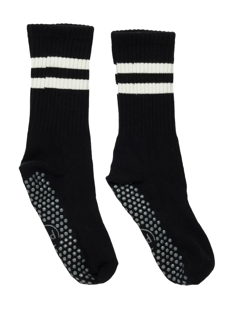 Prickly Pear Black Stripe Crew Non-Slip Barre/Yoga/Pilates Socks, Womens, One Size Fits Most