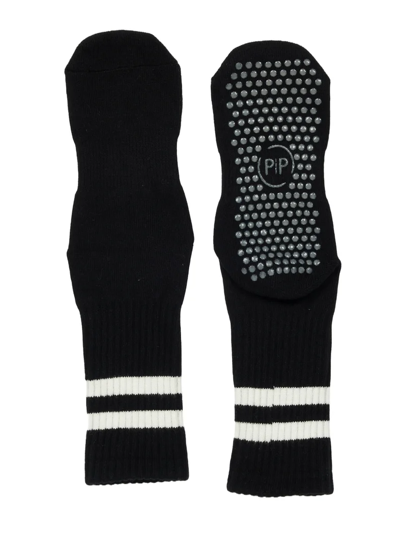 Prickly Pear Black Stripe Crew Non-Slip Barre/Yoga/Pilates Socks, Womens, One Size Fits Most
