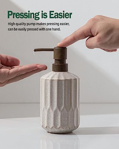 FE FUN ELEMENTS Fun Elements Bathroom Soap Dispenser, 16 Oz Luxurious Hand soap Dispenser for Bathroom, Ceramic Liquid Soap Dispenser for Bathroom Countertop with Plastic Pump, Silicone Funnel (Wooden Color Pump) - Image 2