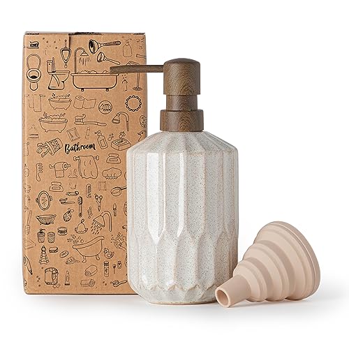 FE FUN ELEMENTS Fun Elements Bathroom Soap Dispenser, 16 Oz Luxurious Hand soap Dispenser for Bathroom, Ceramic Liquid Soap Dispenser for Bathroom Countertop with Plastic Pump, Silicone Funnel (Wooden Color Pump) - Image 1