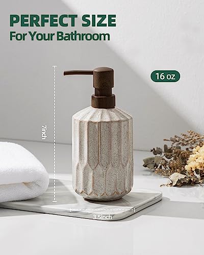 FE FUN ELEMENTS Fun Elements Bathroom Soap Dispenser, 16 Oz Luxurious Hand soap Dispenser for Bathroom, Ceramic Liquid Soap Dispenser for Bathroom Countertop with Plastic Pump, Silicone Funnel (Wooden Color Pump) - Image 4