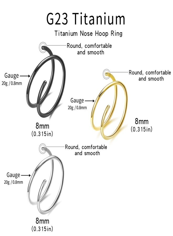 فوجو حلقات أنف حلزونية مزدوجة من التيتانيوم VOJO G23 مقاس 20G 6/8/10 مم، مجوهرات ثقب رفيعة مضادة للحساسية للنساء والرجال (ذهبي + فضي + فضي، 0.8 * 8 مم) - Image 3