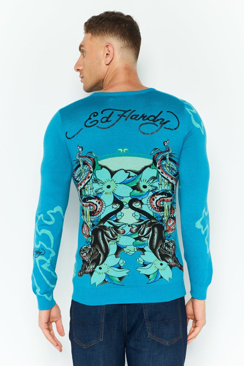 Ed Hardy سويت شيرت رجالي بياقة دائرية بأكمام طويلة بشعار العلامة التجارية، تركواز داكن - Image 2