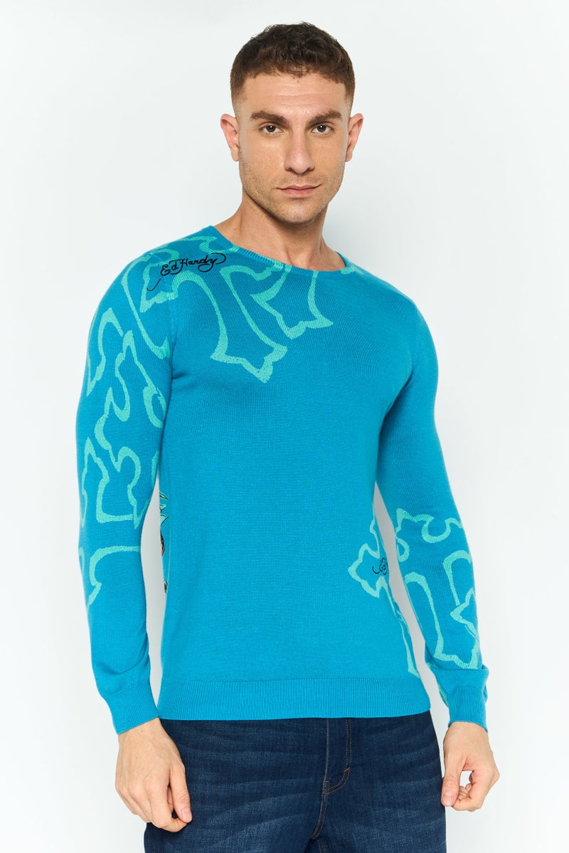 Ed Hardy سويت شيرت رجالي بياقة دائرية بأكمام طويلة بشعار العلامة التجارية، تركواز داكن - Image 1