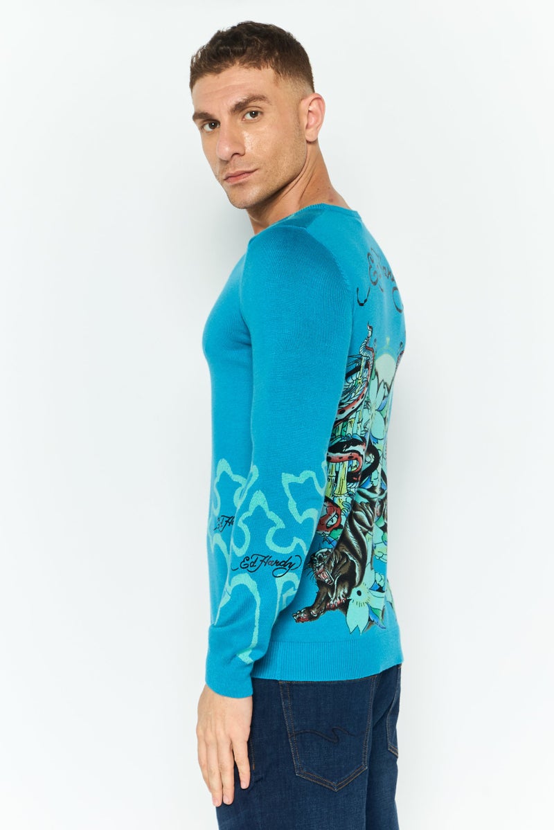 Ed Hardy سويت شيرت رجالي بياقة دائرية بأكمام طويلة بشعار العلامة التجارية، تركواز داكن - Image 3