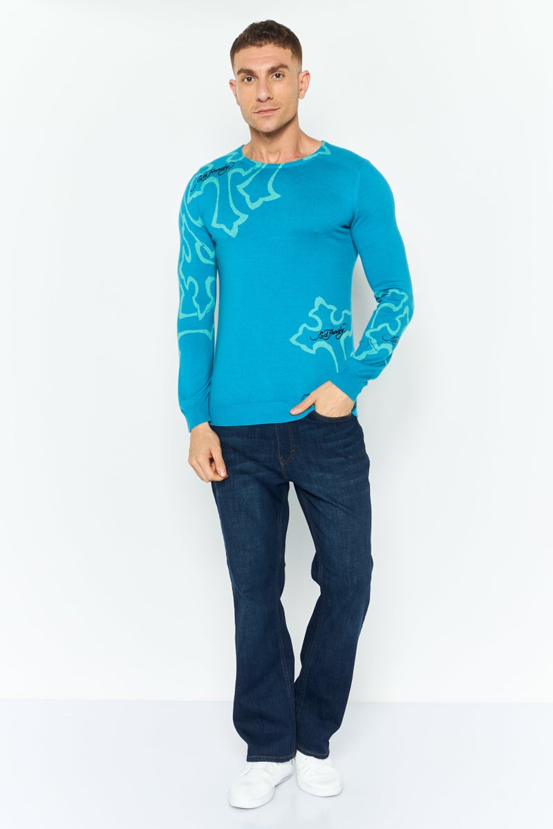 Ed Hardy سويت شيرت رجالي بياقة دائرية بأكمام طويلة بشعار العلامة التجارية، تركواز داكن - Image 4