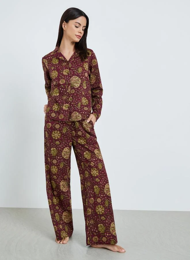 ستايلي طقم بيجاما من قميص قطن بأزرار وبنطال واسع بطبعة زهور