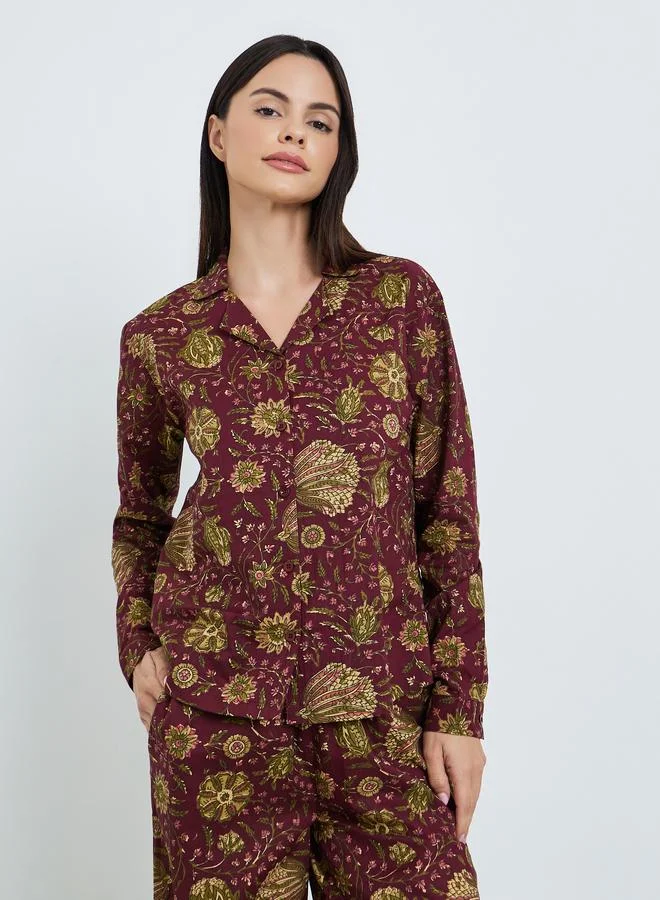 ستايلي طقم بيجاما من قميص قطن بأزرار وبنطال واسع بطبعة زهور