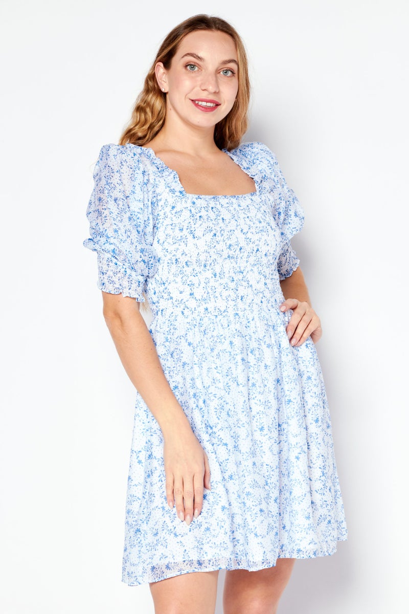 Riley & Rae Women Floral Print Mini Dress, Blue - Image 1