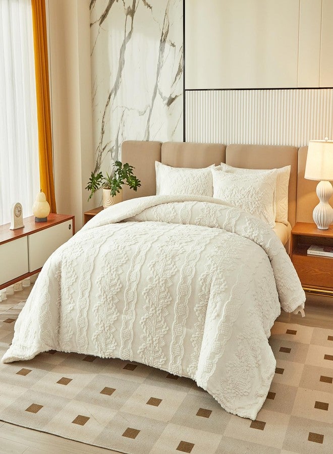 Flysheep Luxury Flannel Fleece Sherpa Comforter Set Full/Queen Size, Jacquard Boho Stripes Down Alternative Comforter White, 3 Pieces Ultra Soft and Warm Bedding Set for Winter (1 Comforter + 2 Pillowcases) - Image 2