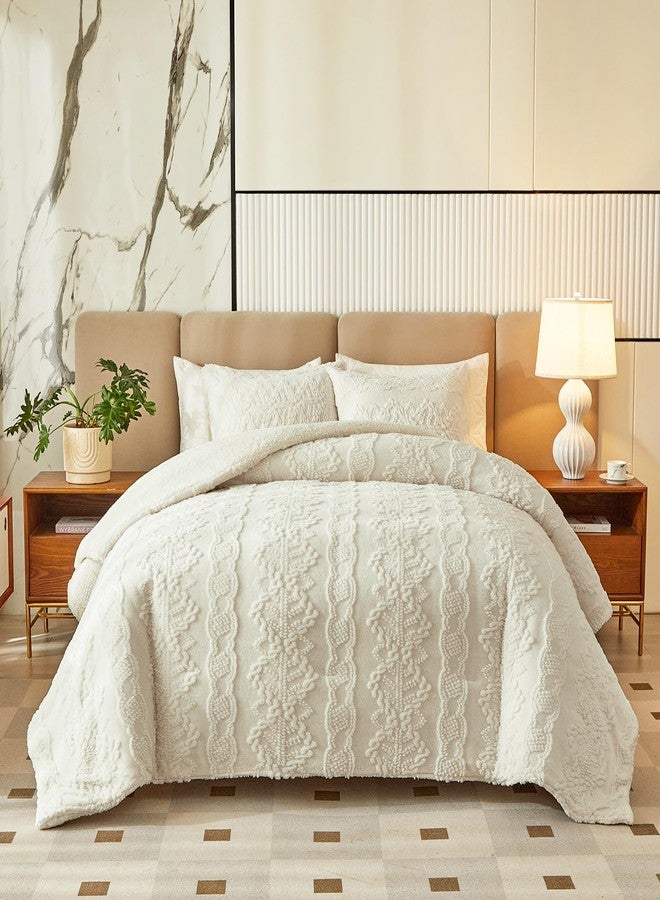 Flysheep Luxury Flannel Fleece Sherpa Comforter Set Full/Queen Size, Jacquard Boho Stripes Down Alternative Comforter White, 3 Pieces Ultra Soft and Warm Bedding Set for Winter (1 Comforter + 2 Pillowcases) - Image 1
