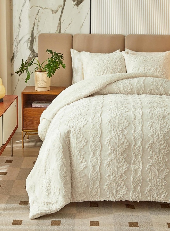 Flysheep Luxury Flannel Fleece Sherpa Comforter Set Full/Queen Size, Jacquard Boho Stripes Down Alternative Comforter White, 3 Pieces Ultra Soft and Warm Bedding Set for Winter (1 Comforter + 2 Pillowcases) - Image 3