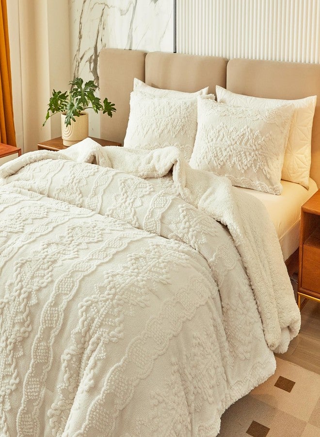 Flysheep Luxury Flannel Fleece Sherpa Comforter Set Full/Queen Size, Jacquard Boho Stripes Down Alternative Comforter White, 3 Pieces Ultra Soft and Warm Bedding Set for Winter (1 Comforter + 2 Pillowcases) - Image 5