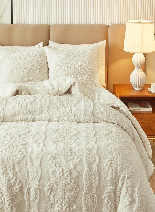 Flysheep Luxury Flannel Fleece Sherpa Comforter Set Full/Queen Size, Jacquard Boho Stripes Down Alternative Comforter White, 3 Pieces Ultra Soft and Warm Bedding Set for Winter (1 Comforter + 2 Pillowcases) - Image 4