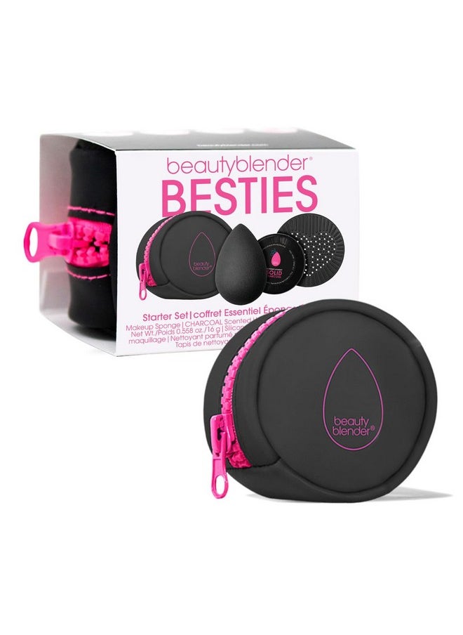 بيوتي بلندر - ® | مجموعة Besties Charcoal Blend & Cleanse المكونة من 4 قطع، إسفنجة مكياج احترافية سوداء + منظف فحم صلب 0.558 أونصة + حصيرة تقشير سيليكون + حقيبة سفر، صنع في الولايات المتحدة الأمريكية، نباتي، خالٍ من القسوة - Image 1