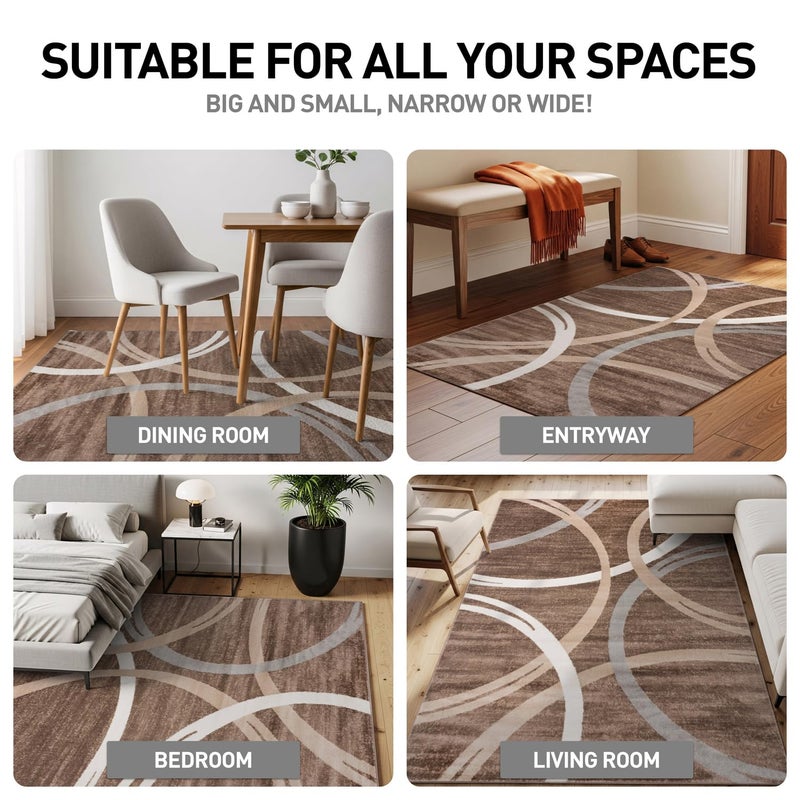 Rugshop Modern Wavy Circles Design Area Rug, Fade-Resistant Carpet for Living Room, Bedroom, or Dining Room, Brown, 6'6" x 9' - Image 3