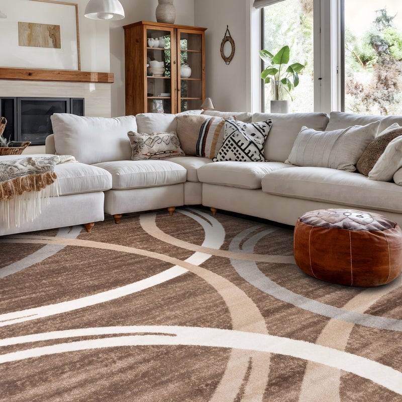 Rugshop Modern Wavy Circles Design Area Rug, Fade-Resistant Carpet for Living Room, Bedroom, or Dining Room, Brown, 6'6" x 9' - Image 1