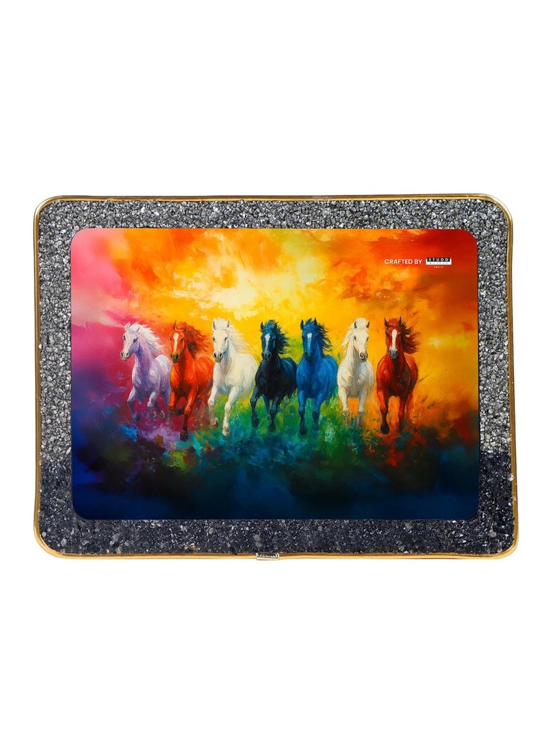 Studd Muffyn 7 Rainbow Richie Rich Horses of Harmony With Gold Frame | Richie Rich Horse Painting for Living Room | Vastu Home Decoration Item | Pyrite & Obsidian Crystal Wall Décor (Rectangle) - Image 1