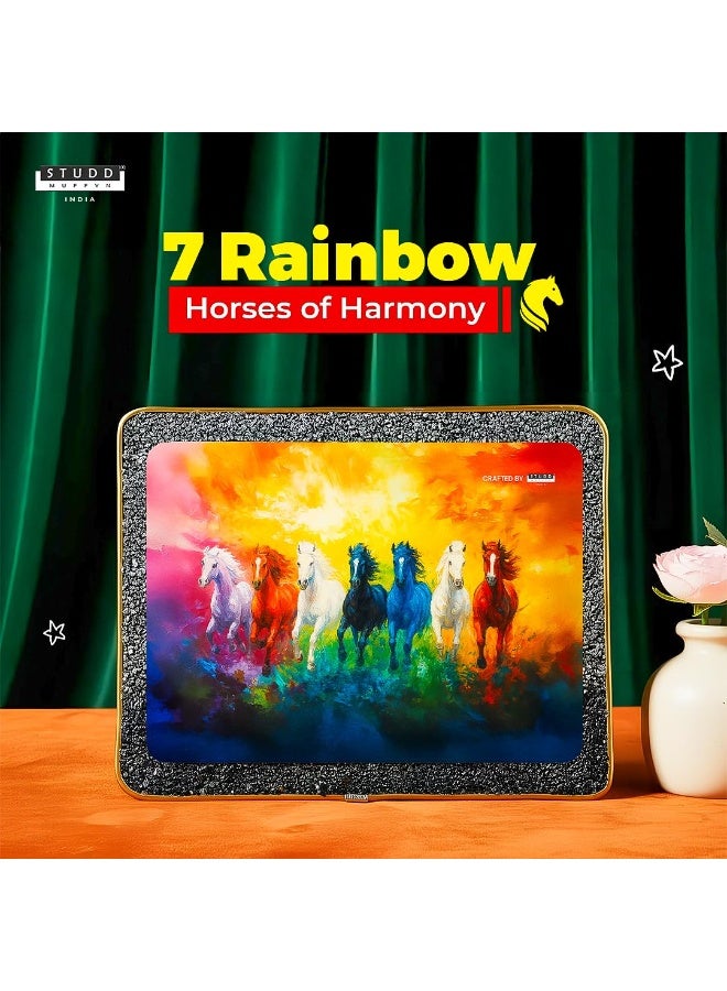 Studd Muffyn 7 Rainbow Richie Rich Horses of Harmony With Gold Frame | Richie Rich Horse Painting for Living Room | Vastu Home Decoration Item | Pyrite & Obsidian Crystal Wall Décor (Rectangle) - Image 2