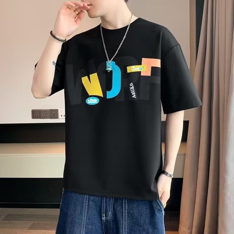 Summer Short-Sleeved T-Shirt Men'S Base Shirt Distinctive Round Neck Korean Style Loose T-Shirt Half-Sleeved Trendy Thin - Image 4