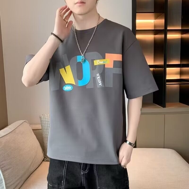 Summer Short-Sleeved T-Shirt Men'S Base Shirt Distinctive Round Neck Korean Style Loose T-Shirt Half-Sleeved Trendy Thin - Image 2
