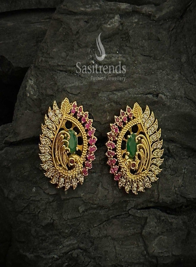 Sasitrends Traditional Tops Gold Plated Ethnic Peacock Designer Studs Earrings for Women and Girls - Image 4