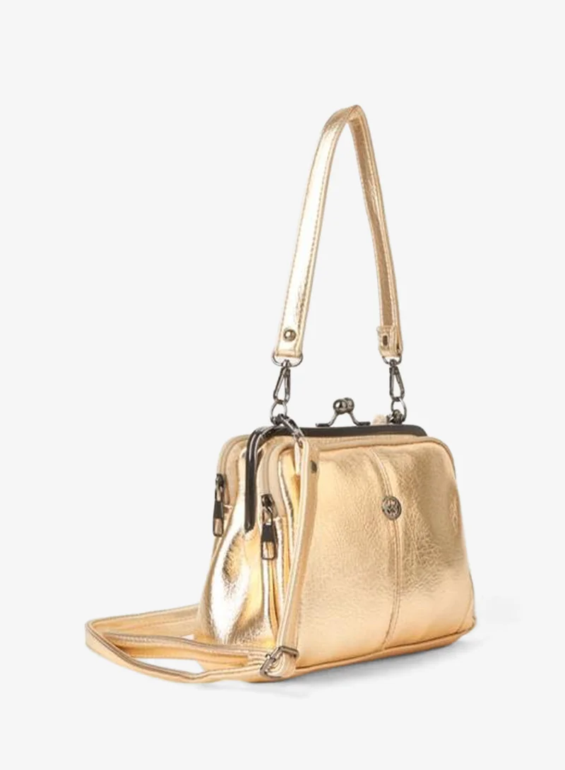Women's Gold 4-Compartment Lined, Buckle and Zipper Closure Hand, Arm and Shoulder Bag.