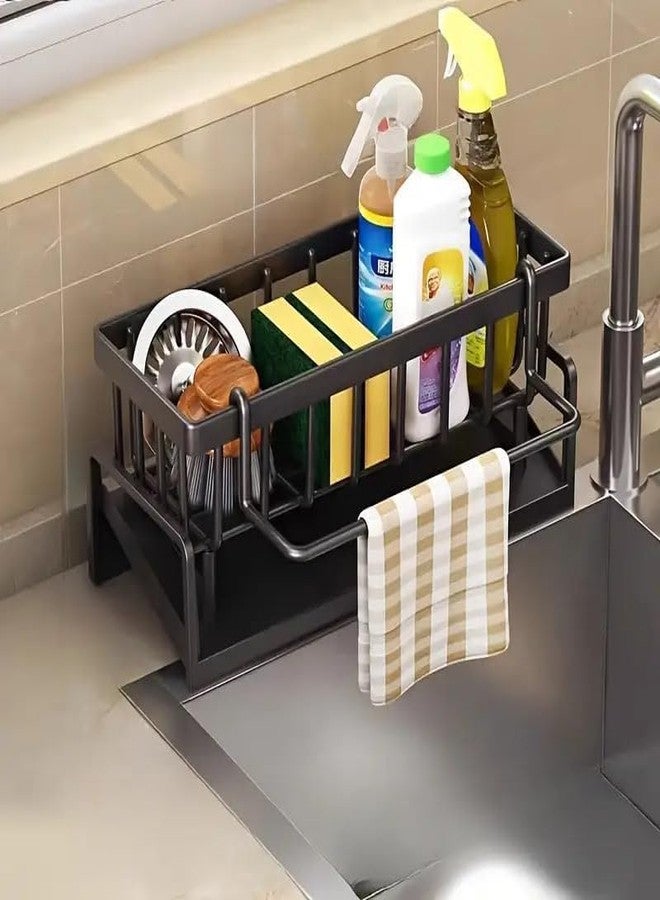 Mforall Dish Cloth Holder, Kitchen & Sink Organiser Stainless Steel with Self-Draining Drain Tray for Sponge Holder, Towel Holder, Metal Sink Organizer & Draining Rack (Pack of 1) (Black) - Image 1