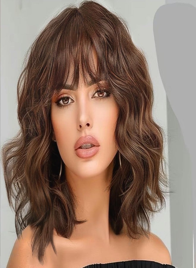 Lativ باروكة لاتف بني مميزة للنساء قصيرة مموجة ومجعدة بوب مع غرة بطول الكتف 14 بوصة شعر صناعي للاستخدام اليومي والحفلات - Image 1